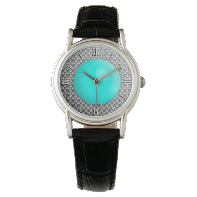 Silver Damask met een faux turquoise gemstone Horloge (Voorkant)