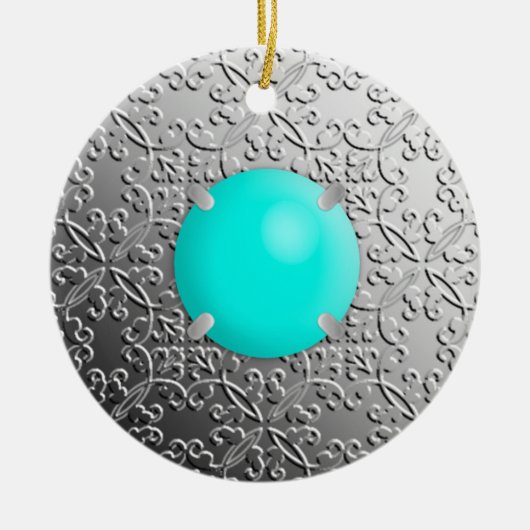 Silver Damask met een faux turquoise gemstone Keramisch Ornament (Voorkant)