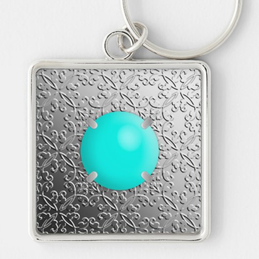 Silver Damask met een faux turquoise gemstone Sleutelhanger (Voorkant)
