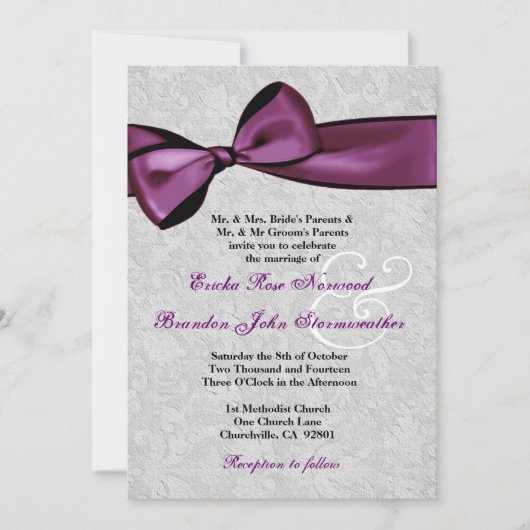 Silver Damask met Plum Paars Printed Bow Wedding Kaart (Voorkant)