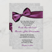 Silver Damask met Plum Paars Printed Bow Wedding Kaart (Voorkant / Achterkant)