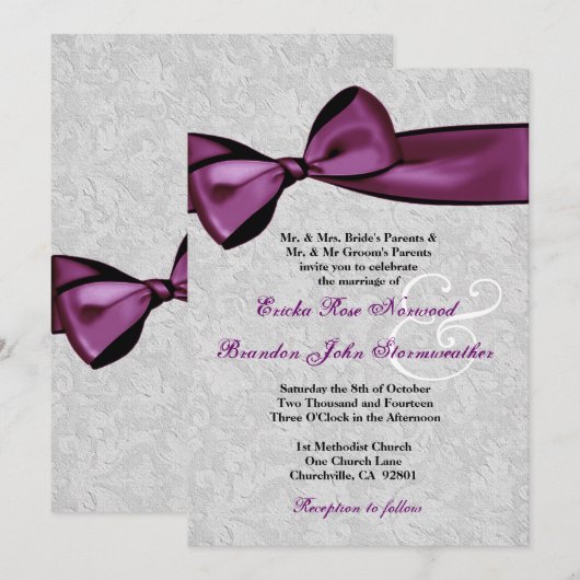 Silver Damask met Plum Paars Printed Bow Wedding Kaart (Voorkant / Achterkant)