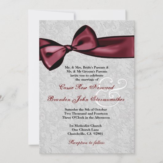 Silver Damask met Wine Red Gedrukt Bow Wedding Kaart (Voorkant)