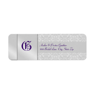 Silver Damask Monogram Paarse trouwlabel Etiket