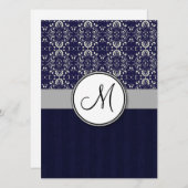 Silver Damask op Blue met Stripes en Monogram Kaart (Voorkant / Achterkant)
