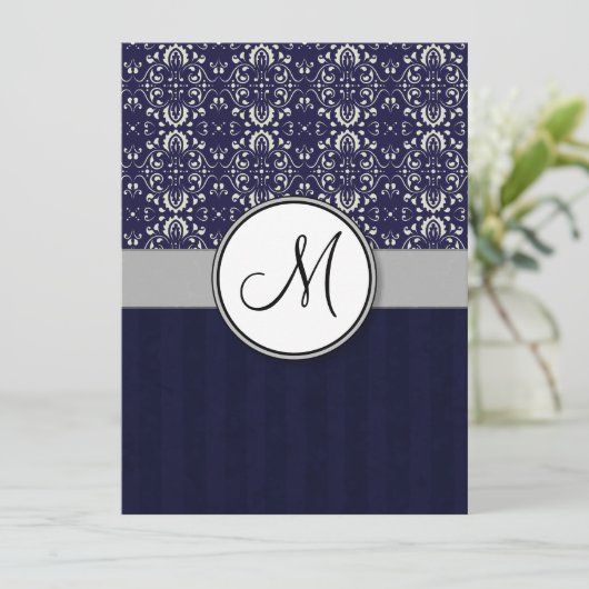 Silver Damask op Blue met Stripes en Monogram Kaart (Staand voorkant)