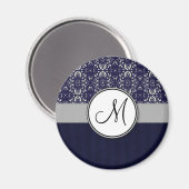 Silver Damask op Blue met Stripes en Monogram Magneet (Voorkant / Achterkant)