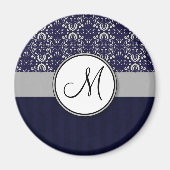 Silver Damask op Blue met Stripes en Monogram Magneet (Voorkant)
