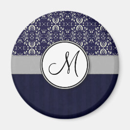 Silver Damask op Blue met Stripes en Monogram Magneet