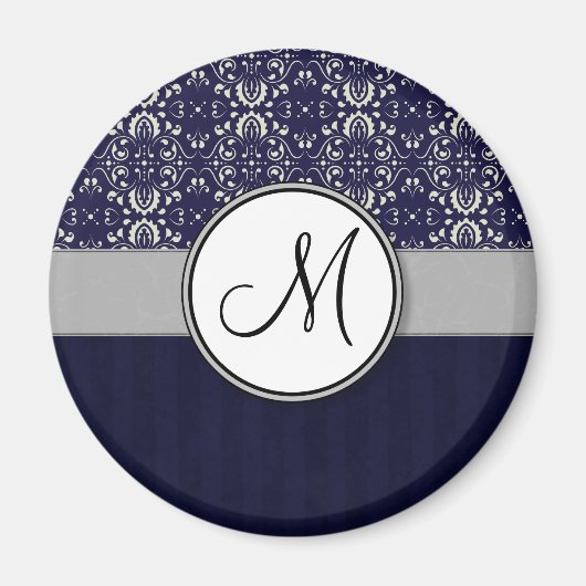 Silver Damask op Blue met Stripes en Monogram Magneet (Voorkant)