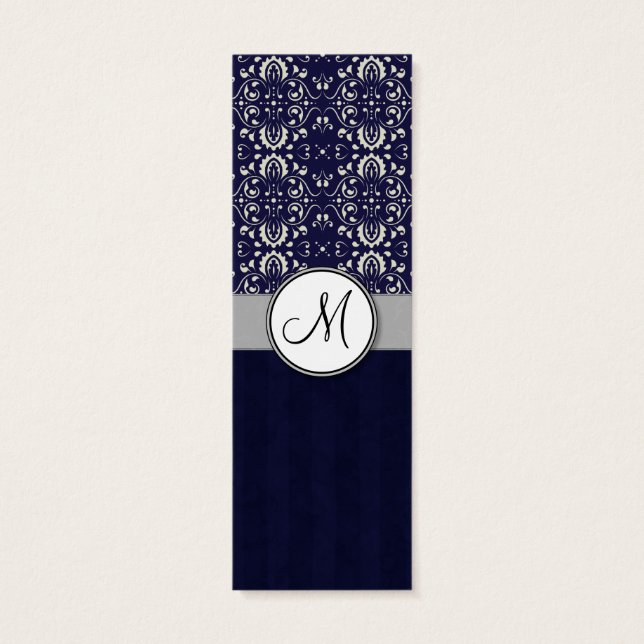 Silver Damask op Blue met Stripes en Monogram Mini Visitekaartjes (Achterkant)