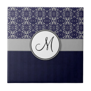 Silver Damask op Blue met Stripes en Monogram Tegeltje
