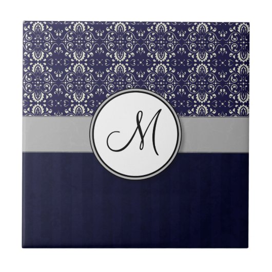 Silver Damask op Blue met Stripes en Monogram Tegeltje (Voorkant)