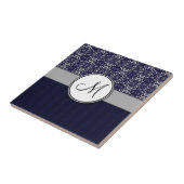 Silver Damask op Blue met Stripes en Monogram Tegeltje (Zijkant)