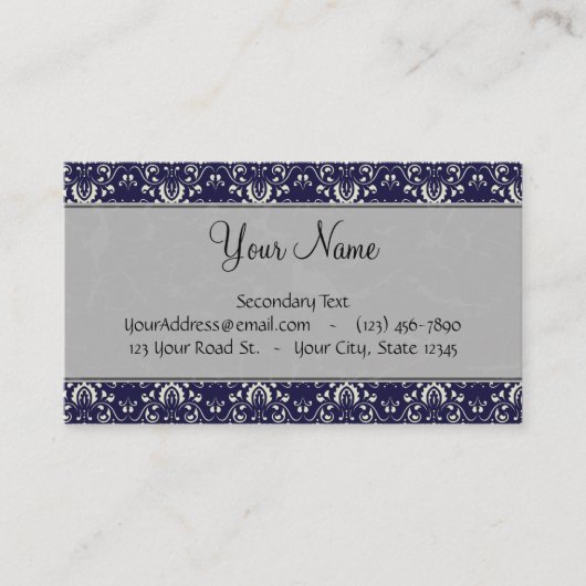 Silver Damask op Blue met Stripes en Monogram Visitekaartje (Voorkant)