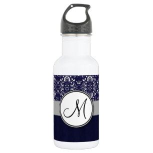 Silver Damask op Blue met Stripes en Monogram Waterfles