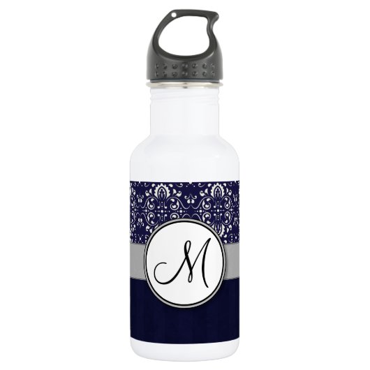 Silver Damask op Blue met Stripes en Monogram Waterfles (Voorkant)