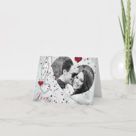 Silver Damask Photo Heart Notecard Feestdagen Kaart (Voorkant)