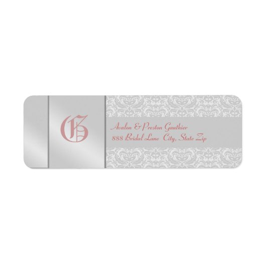 Silver Damask Pink Monogram Weddenschap Label (Voorkant)