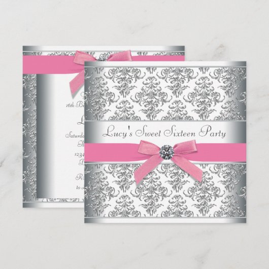 Silver Damask Pink Sweet Sixteen Verjaardagsfeestj Kaart (Voorkant / Achterkant)