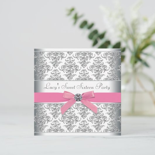 Silver Damask Pink Sweet Sixteen Verjaardagsfeestj Kaart (Staand voorkant)