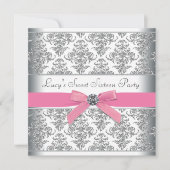Silver Damask Pink Sweet Sixteen Verjaardagsfeestj Kaart (Voorkant)