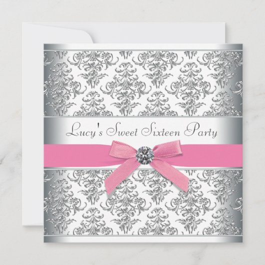 Silver Damask Pink Sweet Sixteen Verjaardagsfeestj Kaart (Voorkant)