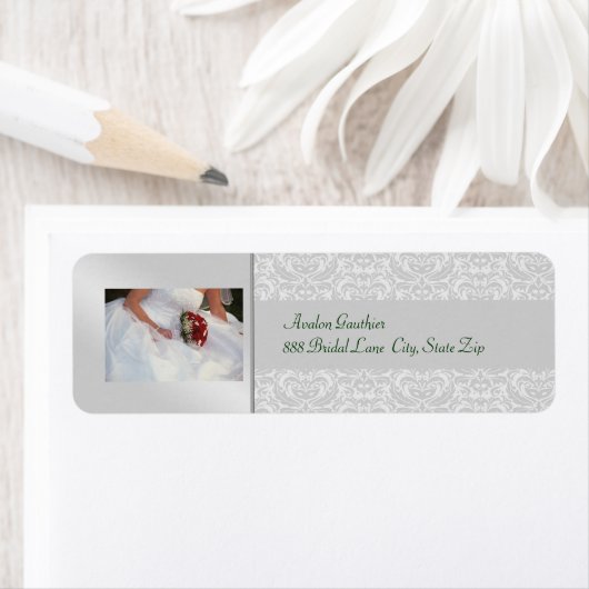 Silver Damask Roos Vrijgezellenfeest Adres Label (Insitu)