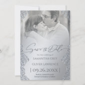 Silver Damask Save the Date Kaart met foto (Voorkant)