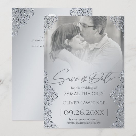 Silver Damask Save the Date Kaart met foto (Voorkant / Achterkant)