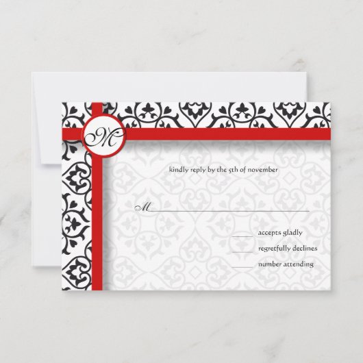 Silver Damask Side Borders Red Trim Weddenschap RSVP Kaartje (Voorkant)