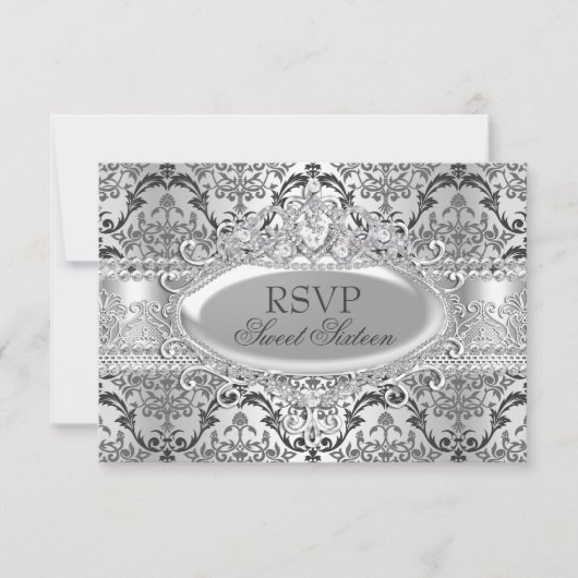 Silver Damask Sweet 16 RSVP Kaart (Voorkant)
