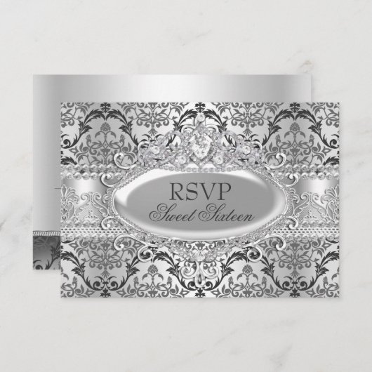Silver Damask Sweet 16 RSVP Kaart (Voorkant / Achterkant)