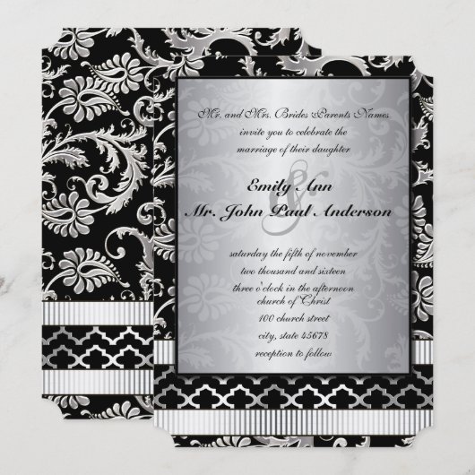 Silver Damask Swirls Wedding Invitation Kaart (Voorkant / Achterkant)