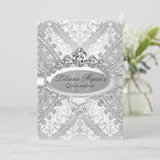  Silver Damask Tiara Quinceanera Kaart (Staand voorkant)