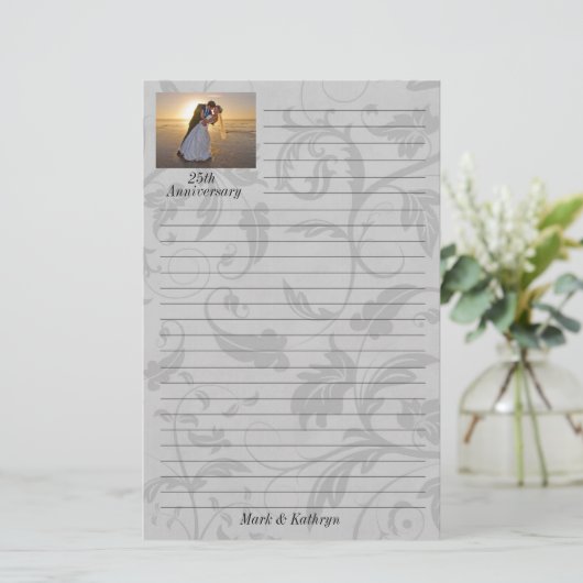 Silver Damask Wedding Jubileum Briefpapier (Staand voorkant)