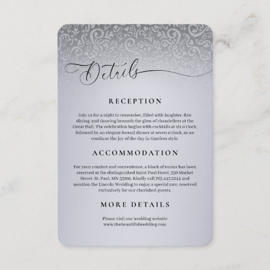 Silver Damask Wedding Receptie Details Kaart (Voorkant)