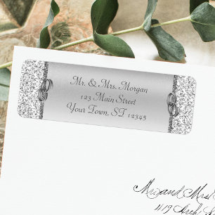 Silver Damask Wedding Return Address Etiket