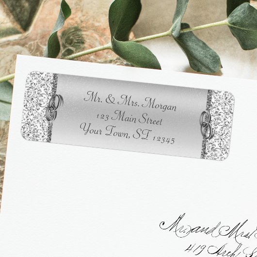 Silver Damask Wedding Return Address Etiket