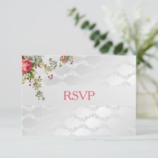 Silver Damask Wedding RSVP Floral (Staand voorkant)