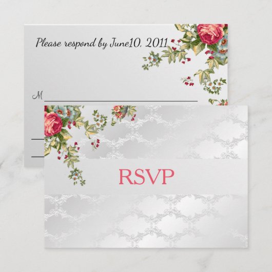 Silver Damask Wedding RSVP Floral (Voorkant / Achterkant)