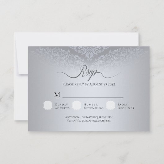 Silver Damask Wedding RSVP Response Kaart (Voorkant)