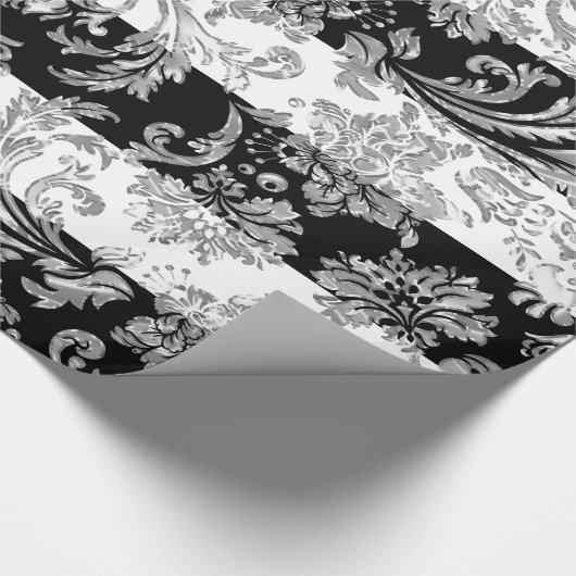 Silver Damaskers op witte en zwarte strepen Cadeaupapier (Hoek)