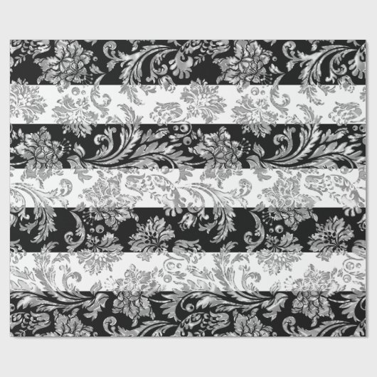 Silver Damaskers op witte en zwarte strepen Cadeaupapier (Vlak)