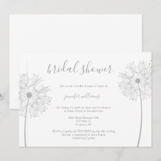 Silver Dandelion floral bridale doucheuitnodiginge Kaart (Voorkant / Achterkant)