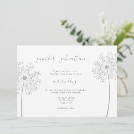 Silver dandelion floral bruiloft kaart (Staand voorkant)