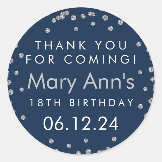 Silver Dank je Verjaardag Glitter Confetti Navy Ronde Sticker (Voorkant)