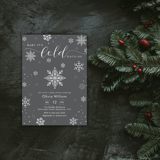 Silver Dark Grey Winter Snowflake Baby Shower Kaart