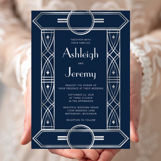 Silver  Deco Lijst Navy Blue Wedding Kaart