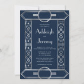 Silver  Deco Lijst Navy Blue Wedding Kaart (Voorkant)